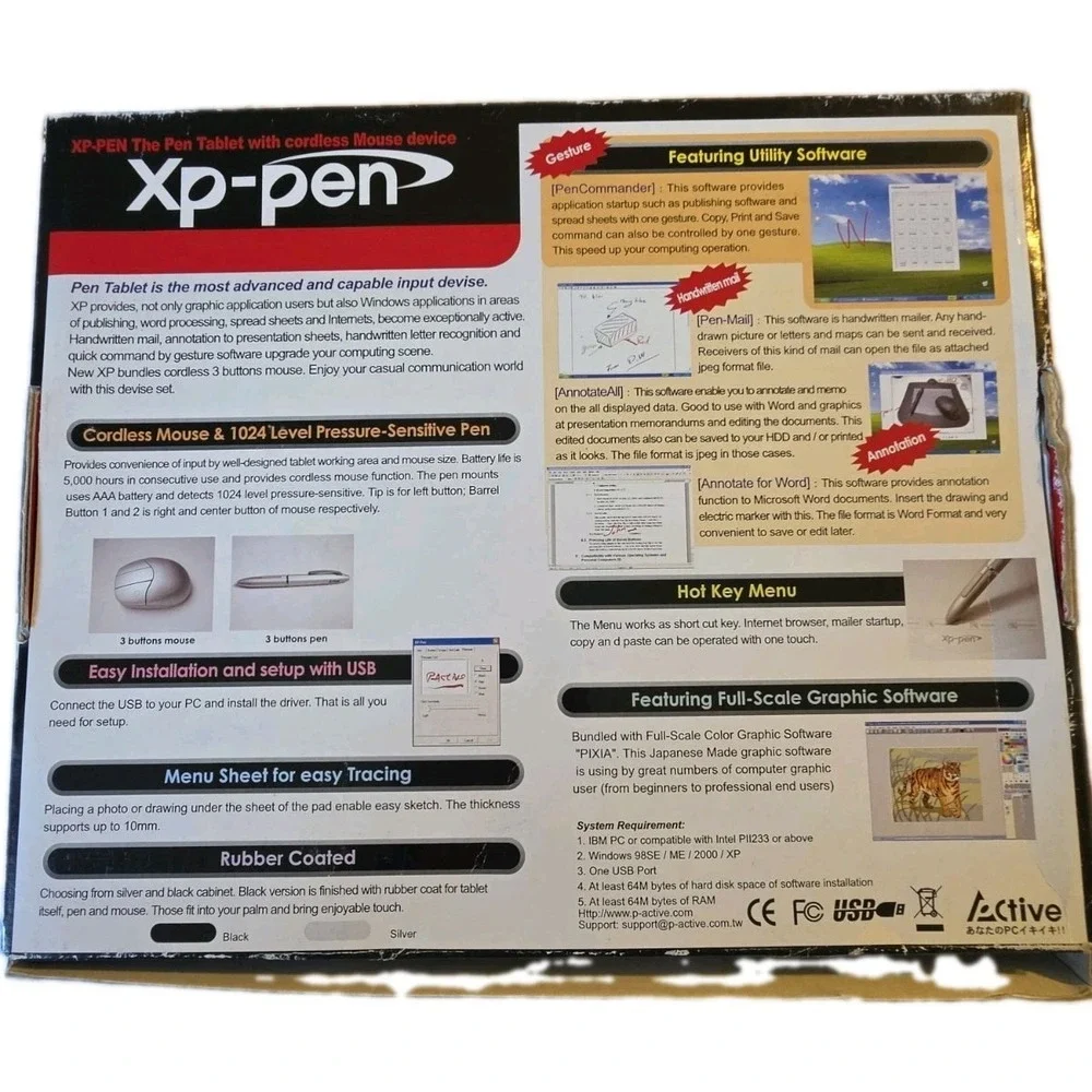 Vintage P-Active XP-Pen Graphic Pen Tablet + Cordless Mouse Stylus XP-5550A PC